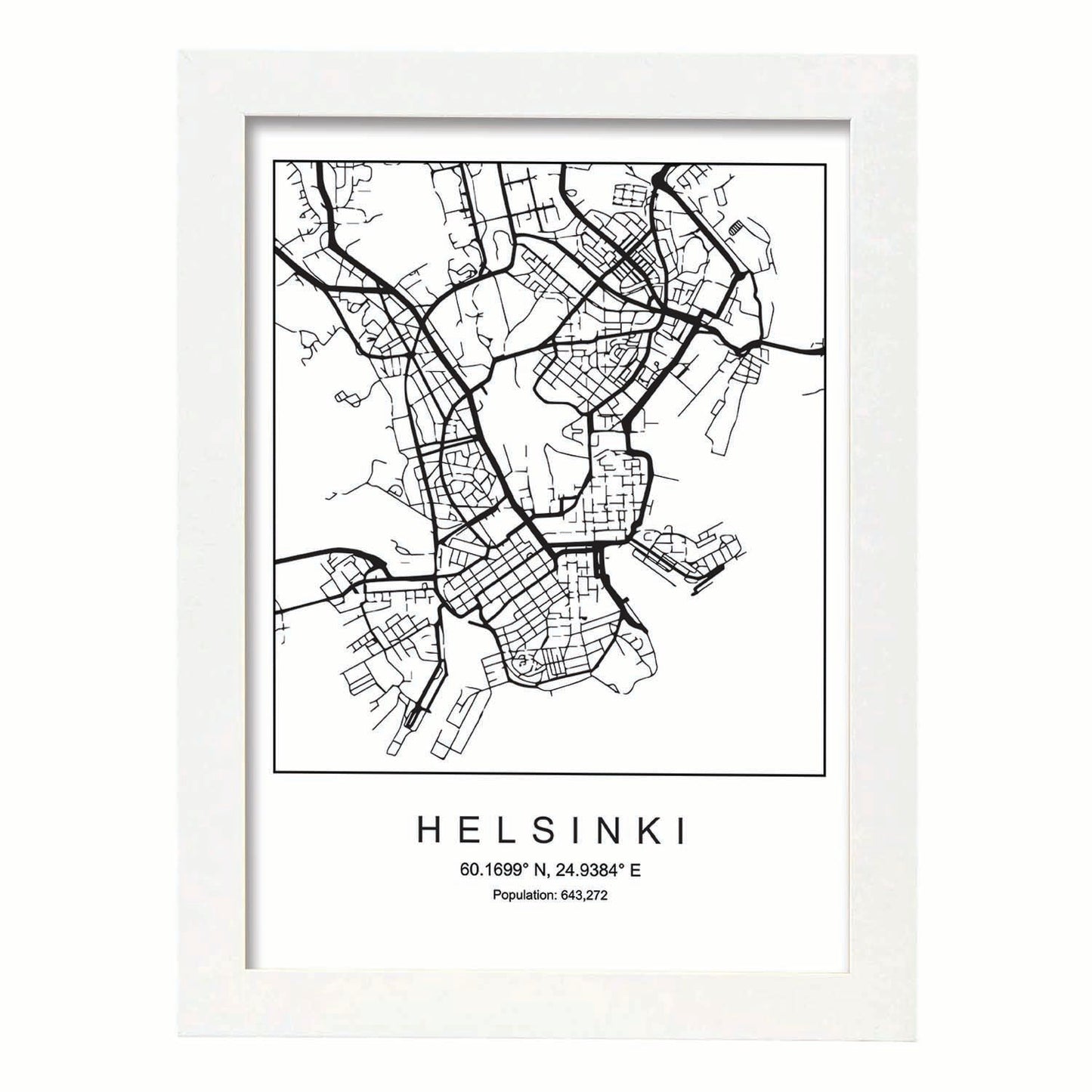 Lámina mapa de la ciudad Helsinki estilo nordico en blanco y negro.-Artwork-Nacnic-A3-Marco Blanco-Nacnic Estudio SL