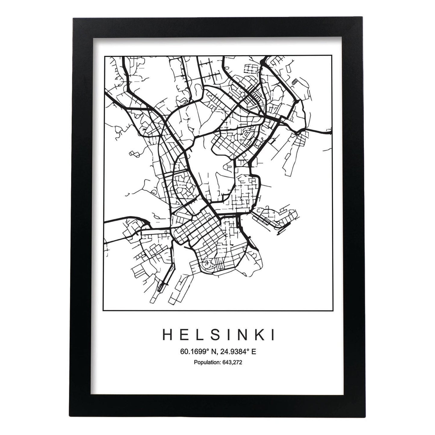 Lámina mapa de la ciudad Helsinki estilo nordico en blanco y negro.-Artwork-Nacnic-A3-Marco Negro-Nacnic Estudio SL
