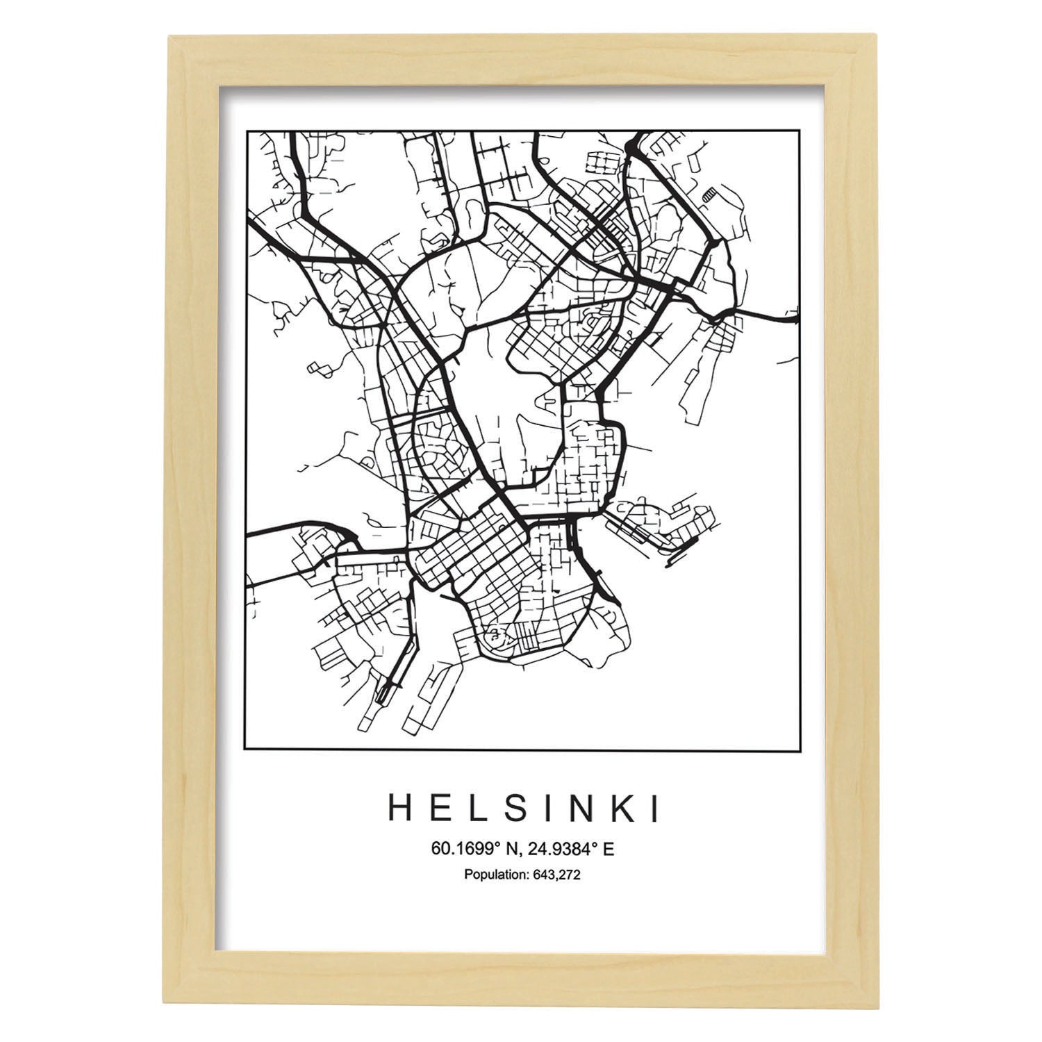 Lámina mapa de la ciudad Helsinki estilo nordico en blanco y negro.-Artwork-Nacnic-A3-Marco Madera clara-Nacnic Estudio SL