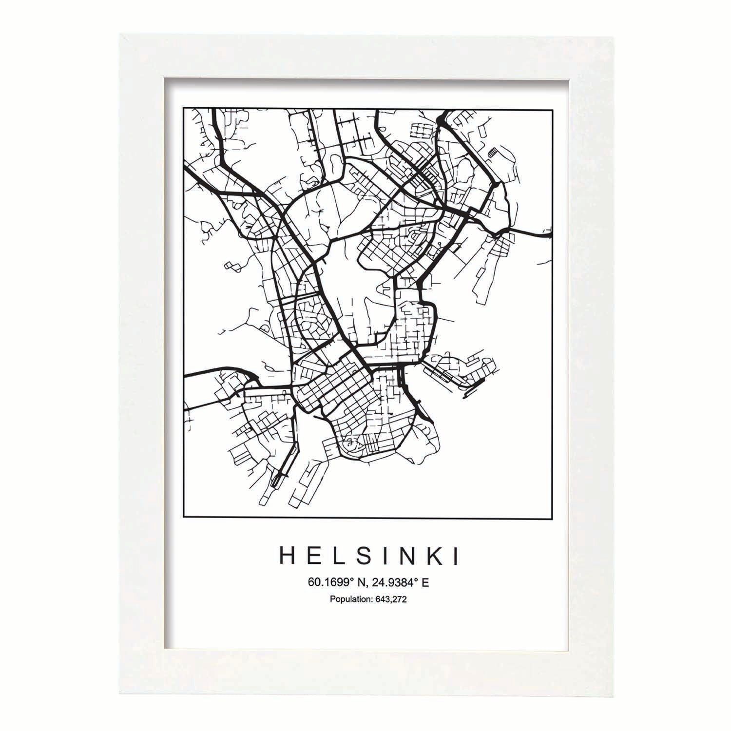 Lámina mapa de la ciudad Helsinki estilo nordico en blanco y negro.-Artwork-Nacnic-A4-Marco Blanco-Nacnic Estudio SL