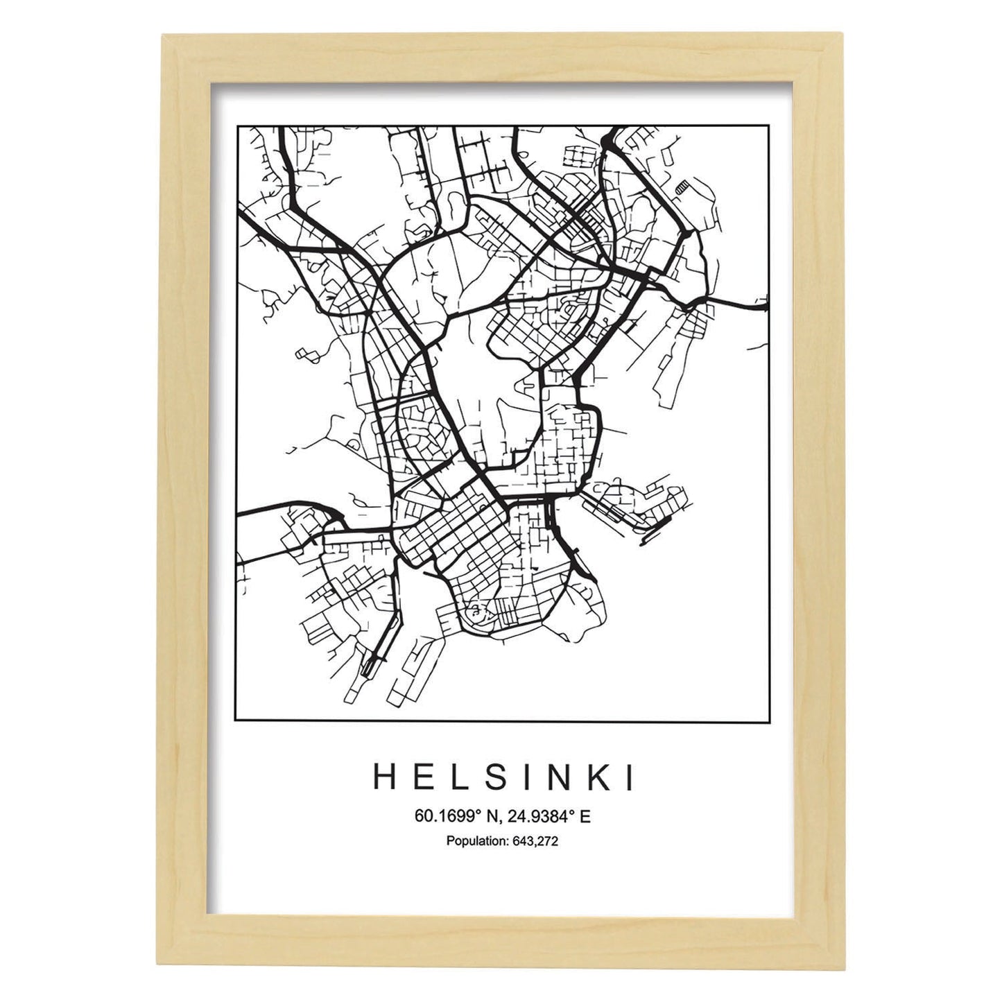 Lámina mapa de la ciudad Helsinki estilo nordico en blanco y negro.-Artwork-Nacnic-A4-Marco Madera clara-Nacnic Estudio SL