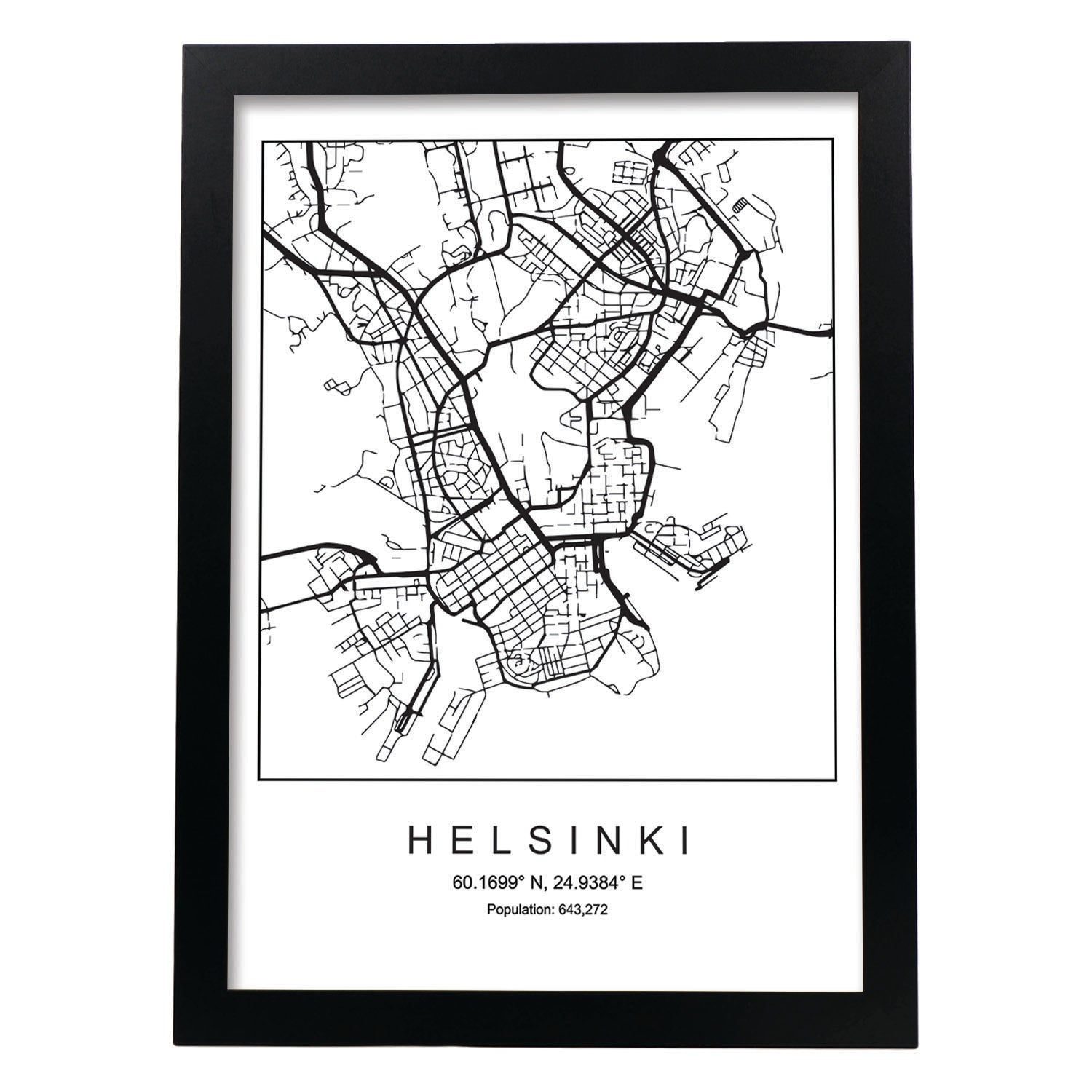 Lámina mapa de la ciudad Helsinki estilo nordico en blanco y negro.-Artwork-Nacnic-A4-Marco Negro-Nacnic Estudio SL