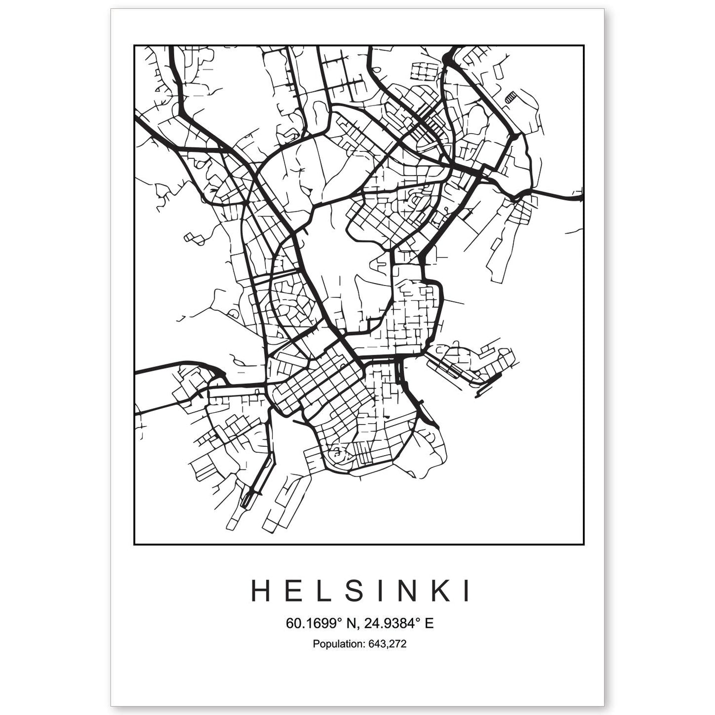 Lámina mapa de la ciudad Helsinki estilo nordico en blanco y negro.-Artwork-Nacnic-A4-Sin marco-Nacnic Estudio SL