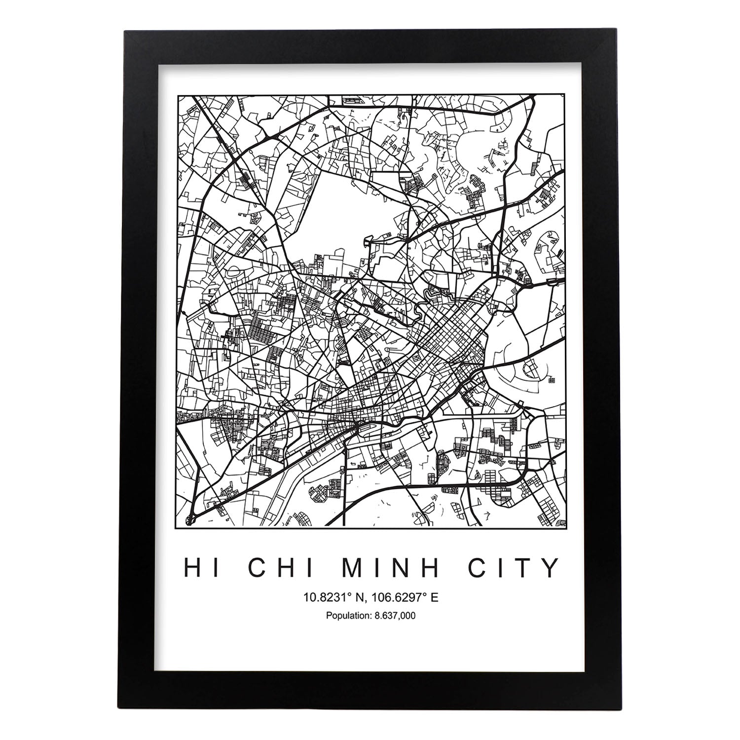 Lámina mapa de la ciudad Hi chi minh estilo nordico en blanco y negro.-Artwork-Nacnic-A3-Marco Negro-Nacnic Estudio SL