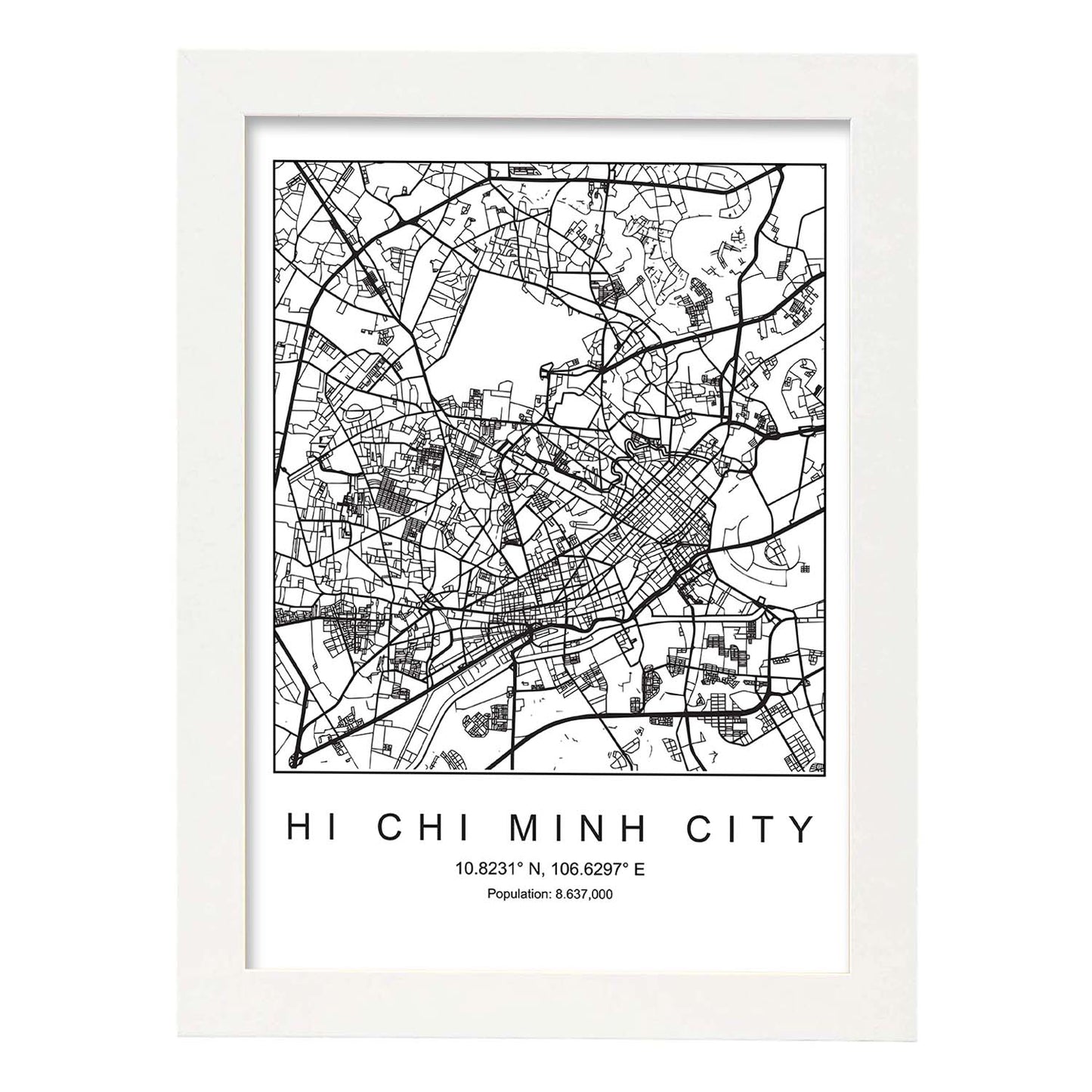 Lámina mapa de la ciudad Hi chi minh estilo nordico en blanco y negro.-Artwork-Nacnic-A4-Marco Blanco-Nacnic Estudio SL
