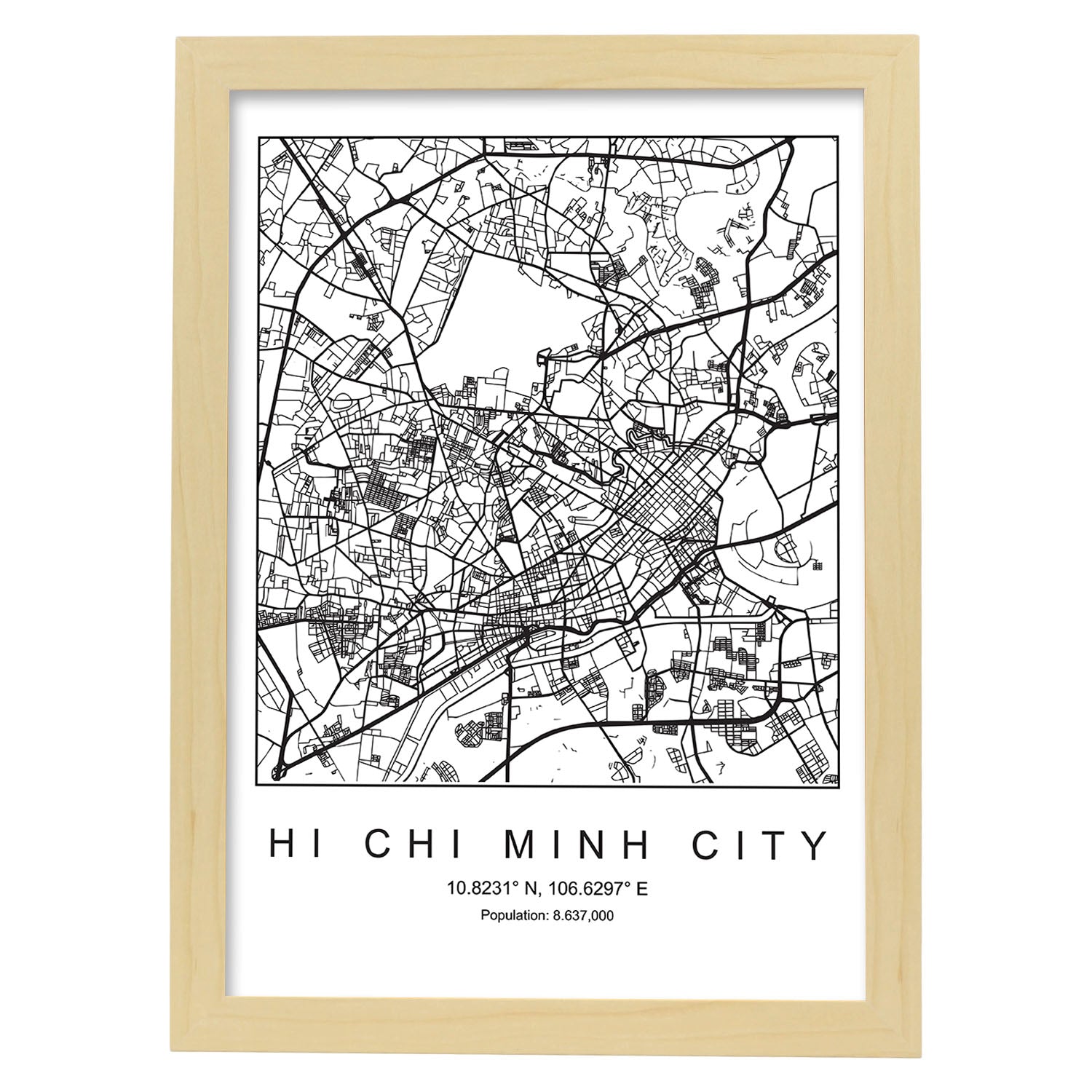 Lámina mapa de la ciudad Hi chi minh estilo nordico en blanco y negro.-Artwork-Nacnic-A4-Marco Madera clara-Nacnic Estudio SL
