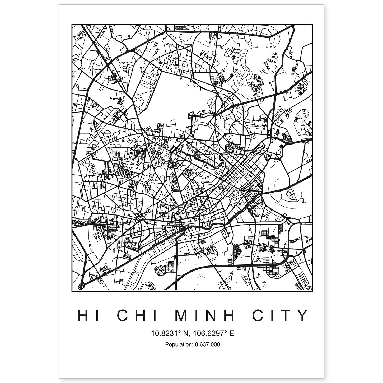 Lámina mapa de la ciudad Hi chi minh estilo nordico en blanco y negro.-Artwork-Nacnic-A4-Sin marco-Nacnic Estudio SL