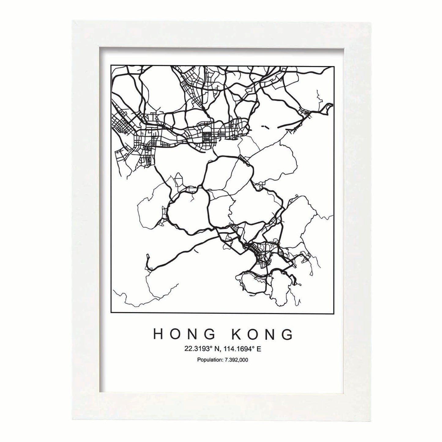 Lámina mapa de la ciudad Hong kong estilo nordico en blanco y negro.-Artwork-Nacnic-A3-Marco Blanco-Nacnic Estudio SL