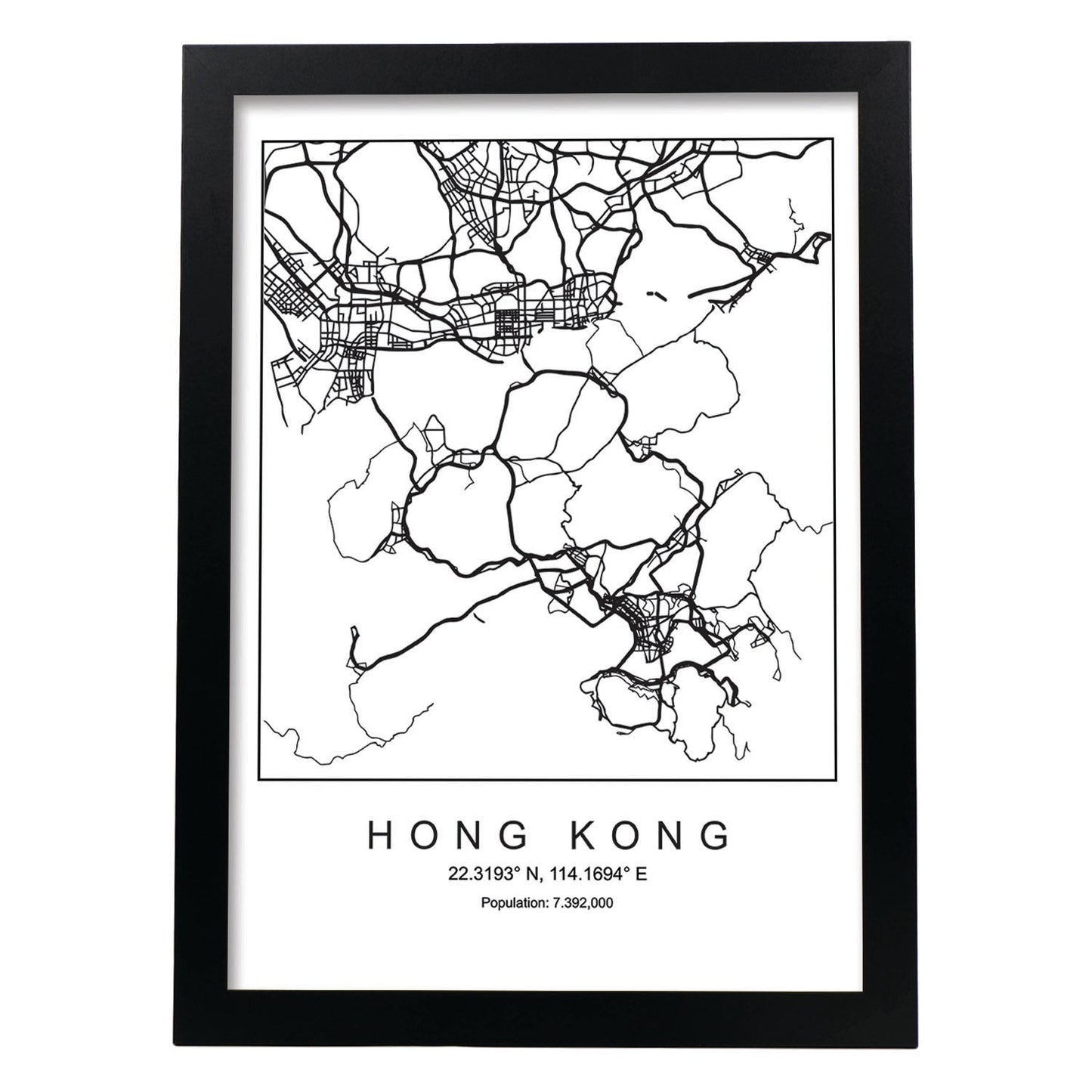 Lámina mapa de la ciudad Hong kong estilo nordico en blanco y negro.-Artwork-Nacnic-A3-Marco Negro-Nacnic Estudio SL