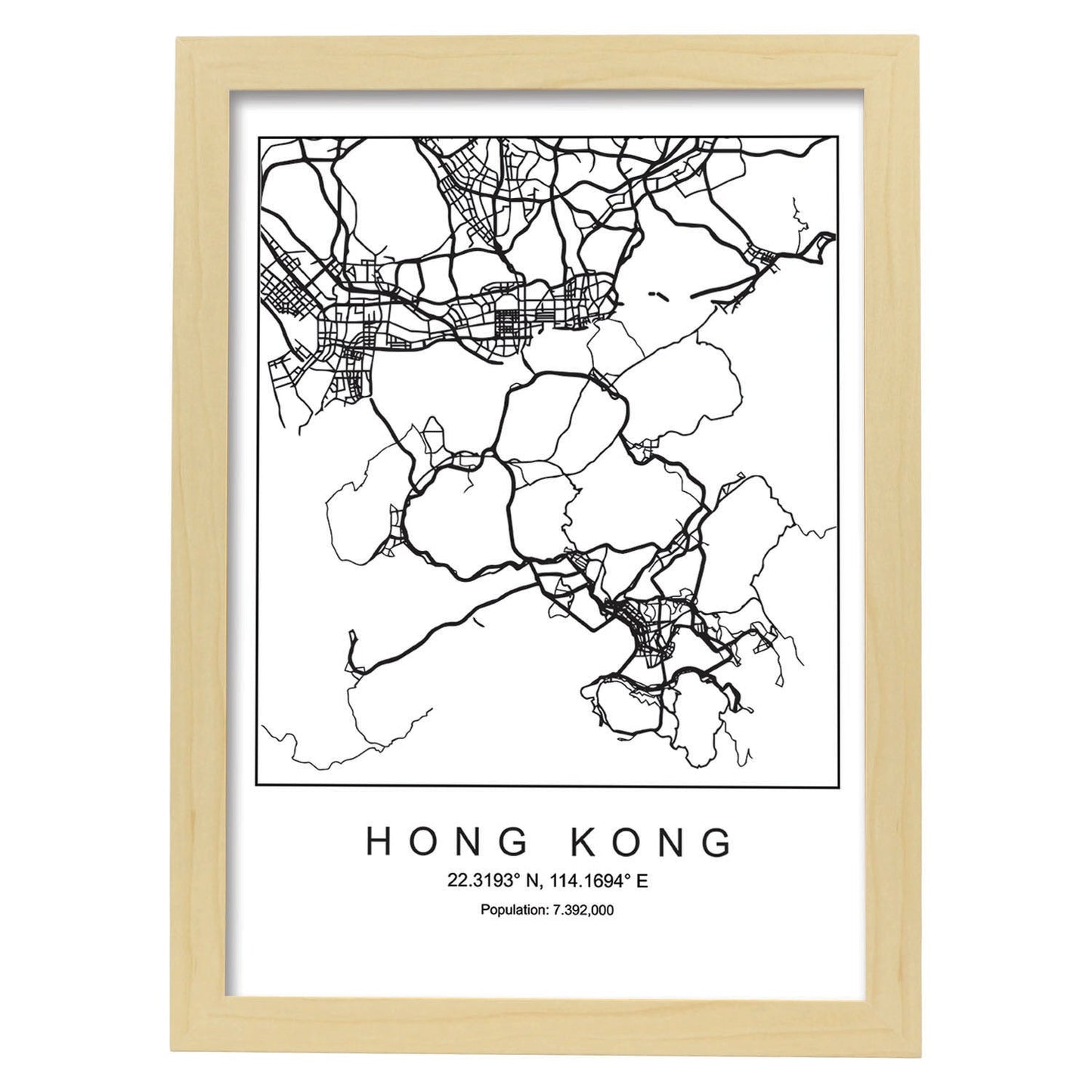 Lámina mapa de la ciudad Hong kong estilo nordico en blanco y negro.-Artwork-Nacnic-A4-Marco Madera clara-Nacnic Estudio SL