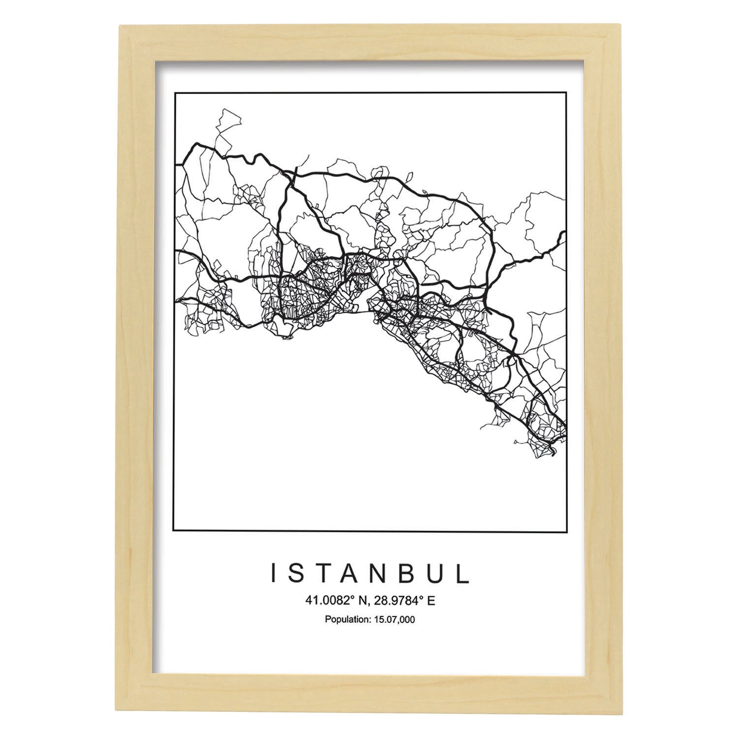 Lámina mapa de la ciudad Istanbul estilo nordico en blanco y negro.-Artwork-Nacnic-A3-Marco Madera clara-Nacnic Estudio SL
