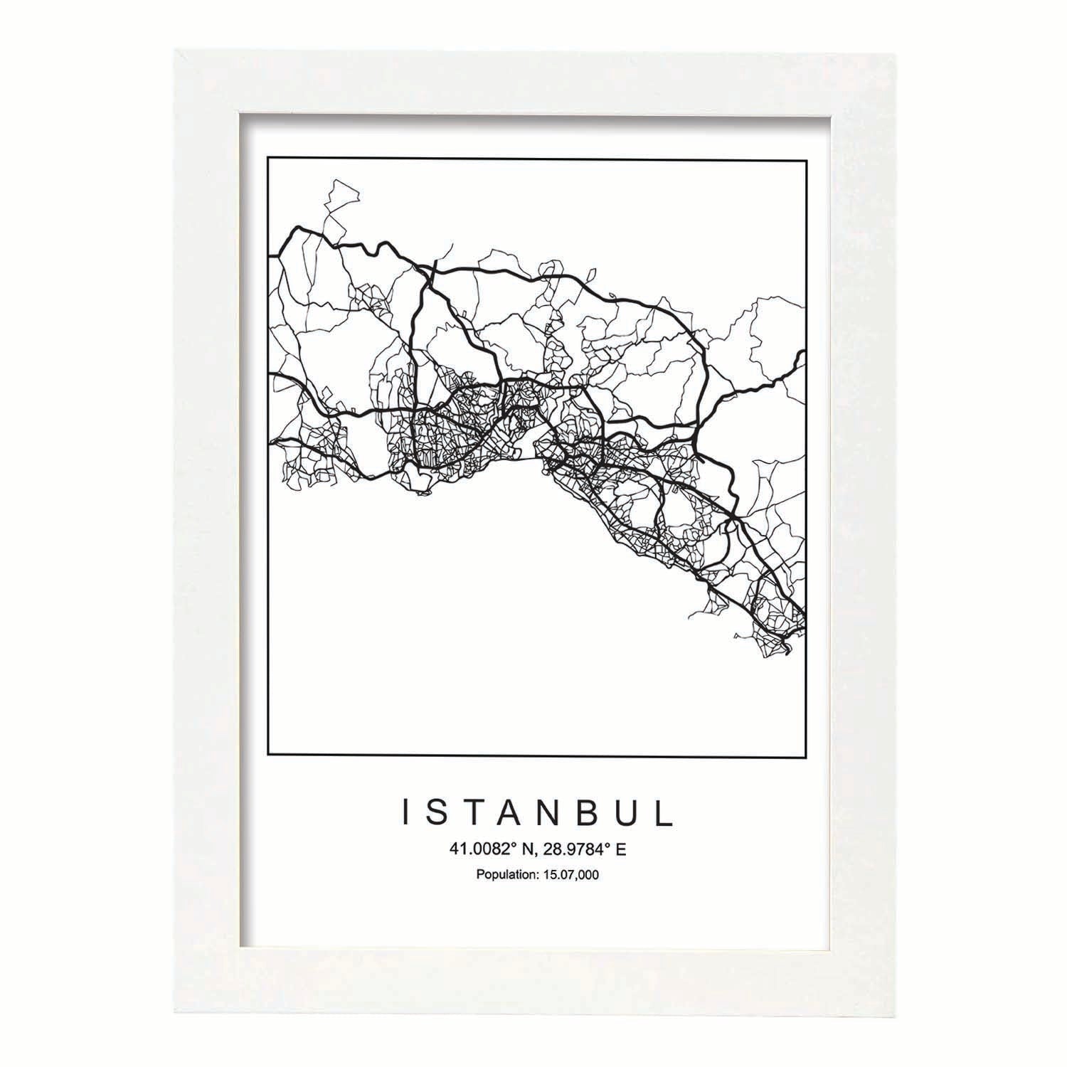 Lámina mapa de la ciudad Istanbul estilo nordico en blanco y negro.-Artwork-Nacnic-A4-Marco Blanco-Nacnic Estudio SL