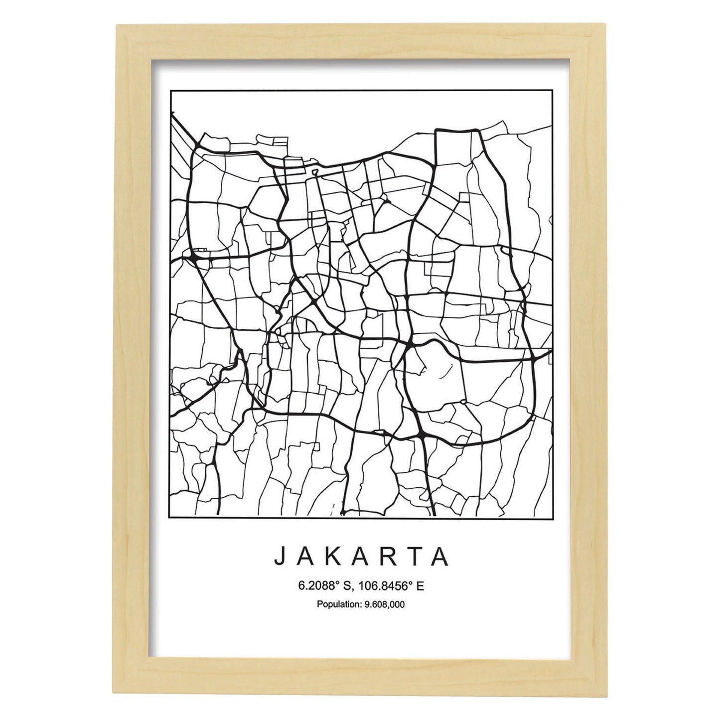 Lámina mapa de la ciudad Jakarta estilo nordico en blanco y negro.-Artwork-Nacnic-A3-Marco Madera clara-Nacnic Estudio SL