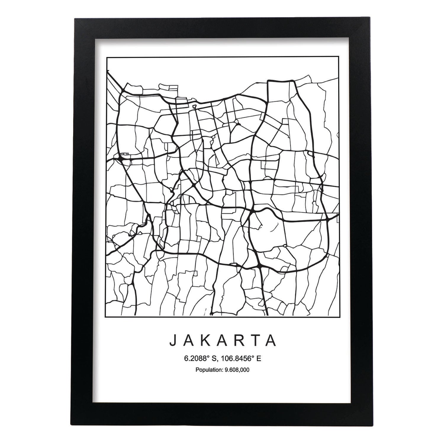 Lámina mapa de la ciudad Jakarta estilo nordico en blanco y negro.-Artwork-Nacnic-A3-Marco Negro-Nacnic Estudio SL