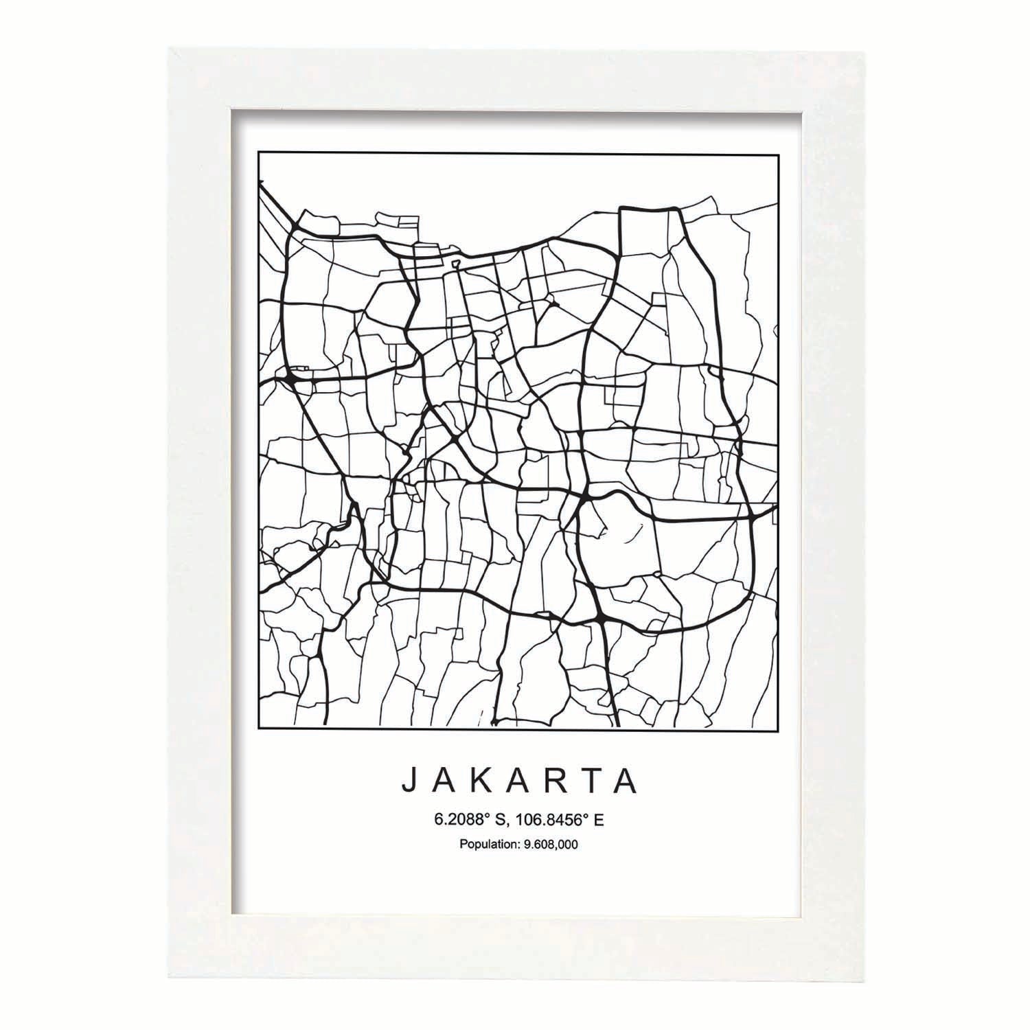 Lámina mapa de la ciudad Jakarta estilo nordico en blanco y negro.-Artwork-Nacnic-A4-Marco Blanco-Nacnic Estudio SL