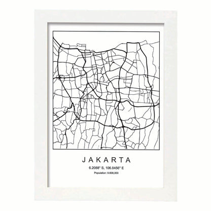 Lámina mapa de la ciudad Jakarta estilo nordico en blanco y negro.-Artwork-Nacnic-A4-Marco Blanco-Nacnic Estudio SL