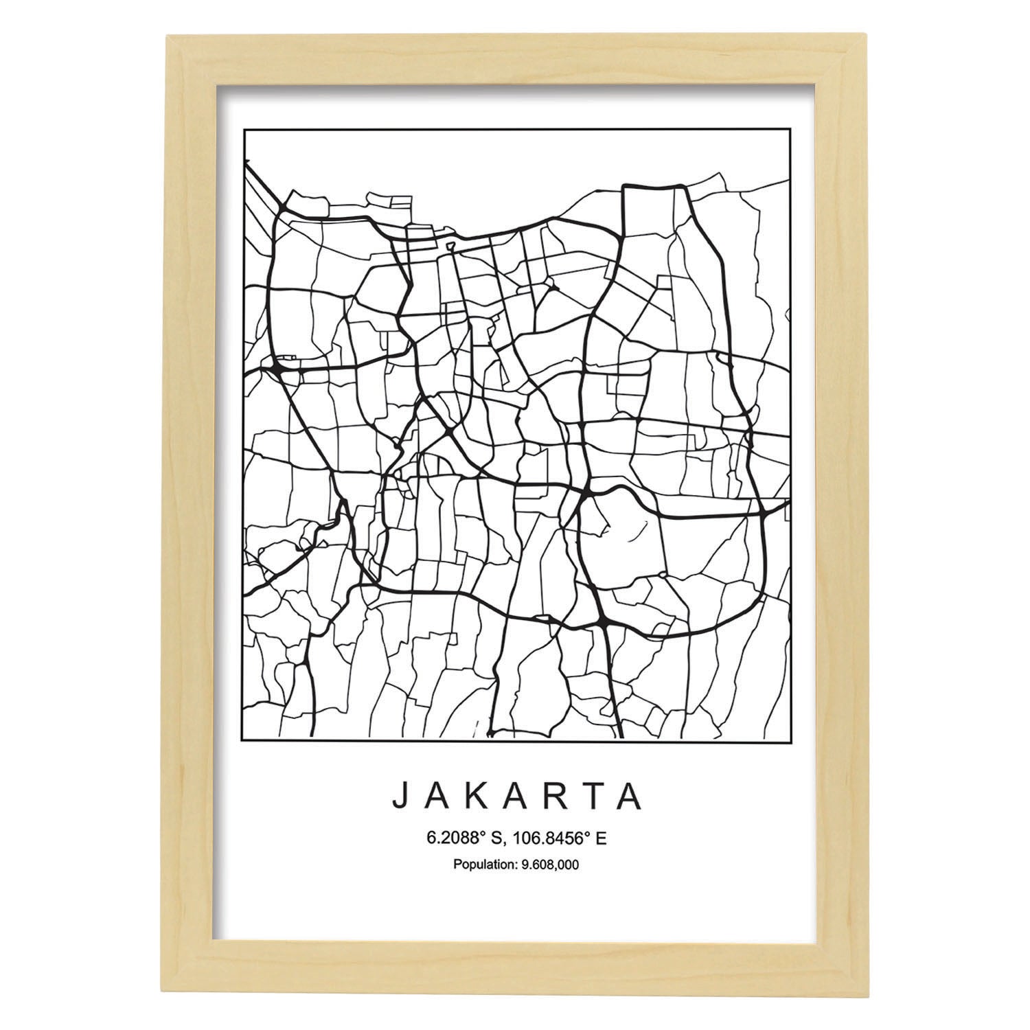 Lámina mapa de la ciudad Jakarta estilo nordico en blanco y negro.-Artwork-Nacnic-A4-Marco Madera clara-Nacnic Estudio SL