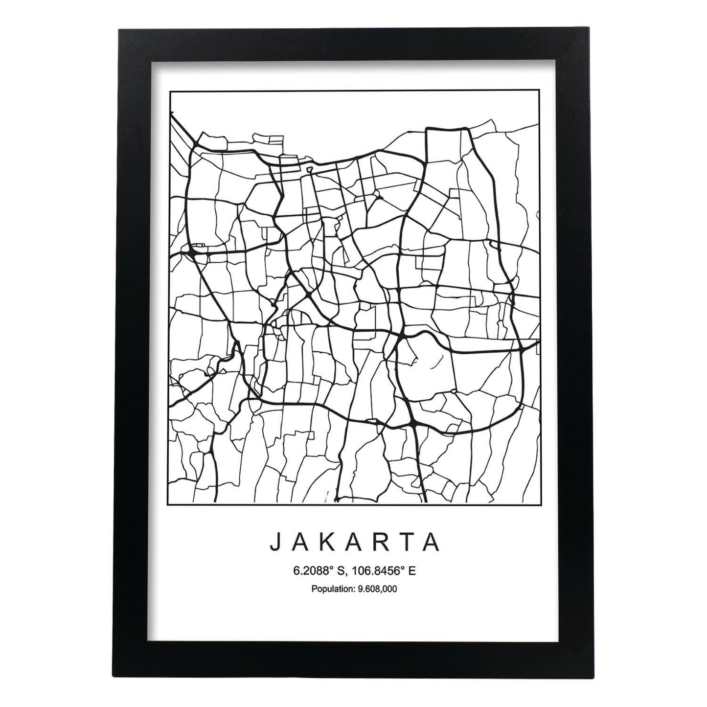 Lámina mapa de la ciudad Jakarta estilo nordico en blanco y negro.-Artwork-Nacnic-A4-Marco Negro-Nacnic Estudio SL