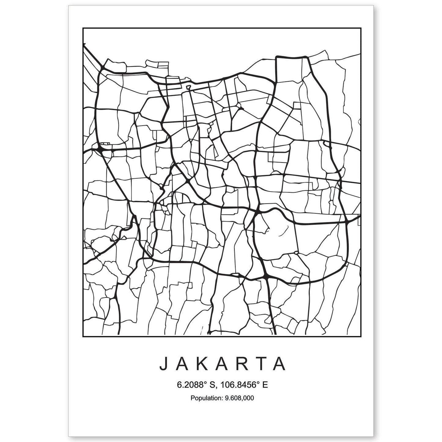 Lámina mapa de la ciudad Jakarta estilo nordico en blanco y negro.-Artwork-Nacnic-A4-Sin marco-Nacnic Estudio SL