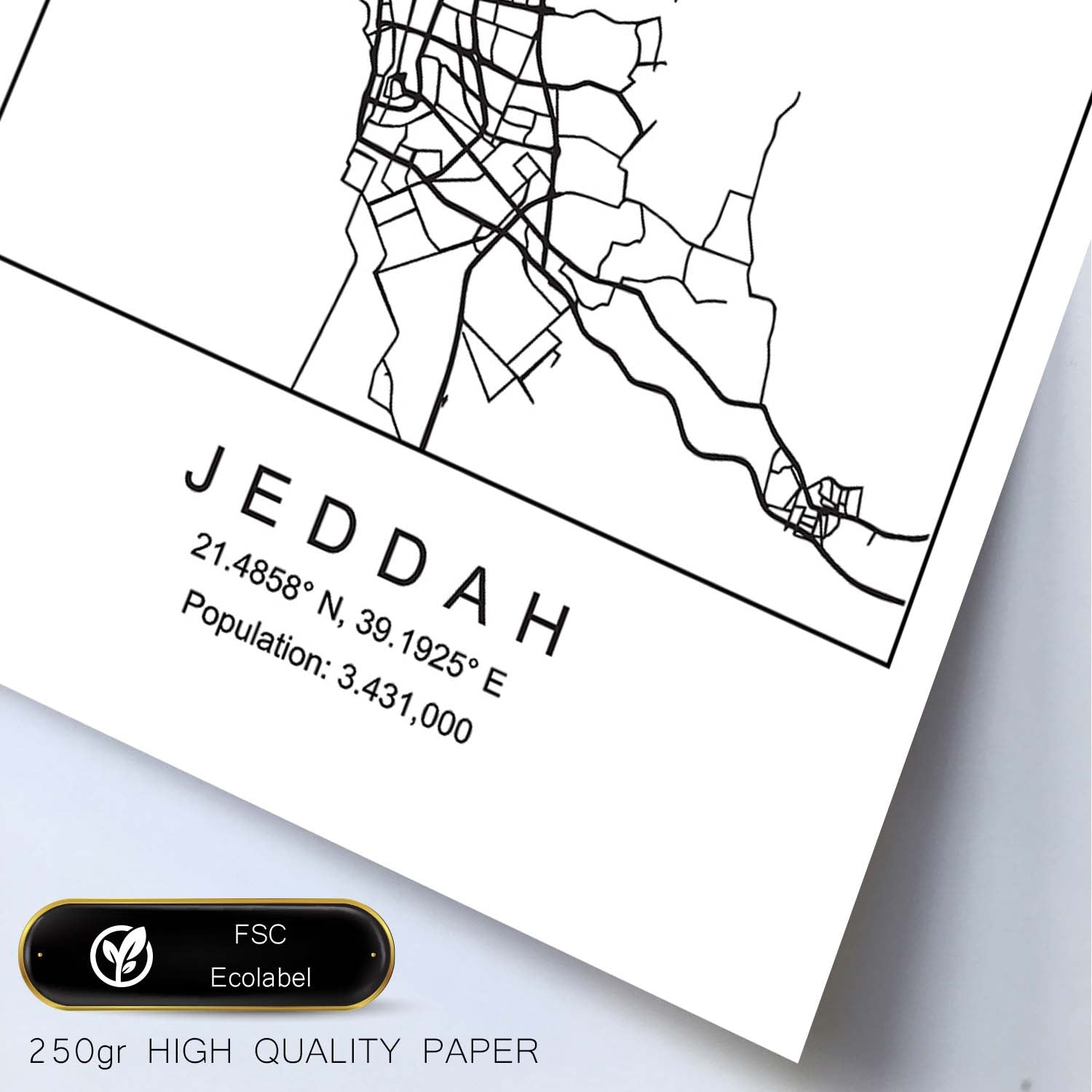 Lámina mapa de la ciudad Jeddah estilo nordico en blanco y negro.-Artwork-Nacnic-Nacnic Estudio SL