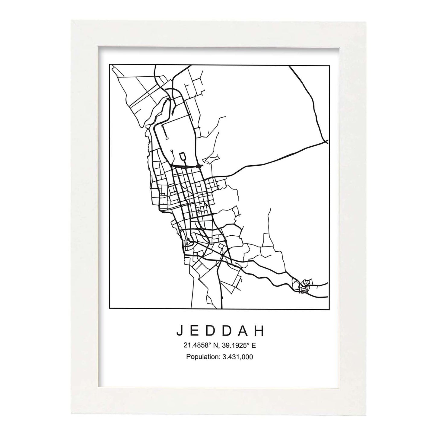 Lámina mapa de la ciudad Jeddah estilo nordico en blanco y negro.-Artwork-Nacnic-A3-Marco Blanco-Nacnic Estudio SL