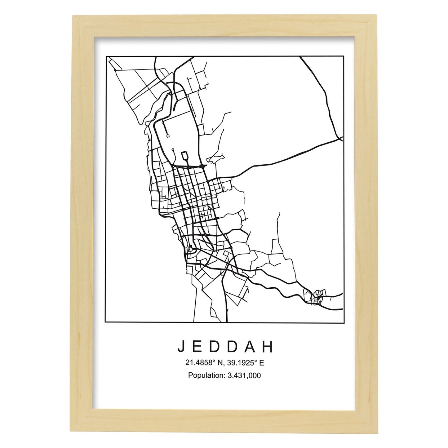 Lámina mapa de la ciudad Jeddah estilo nordico en blanco y negro.-Artwork-Nacnic-A3-Marco Madera clara-Nacnic Estudio SL