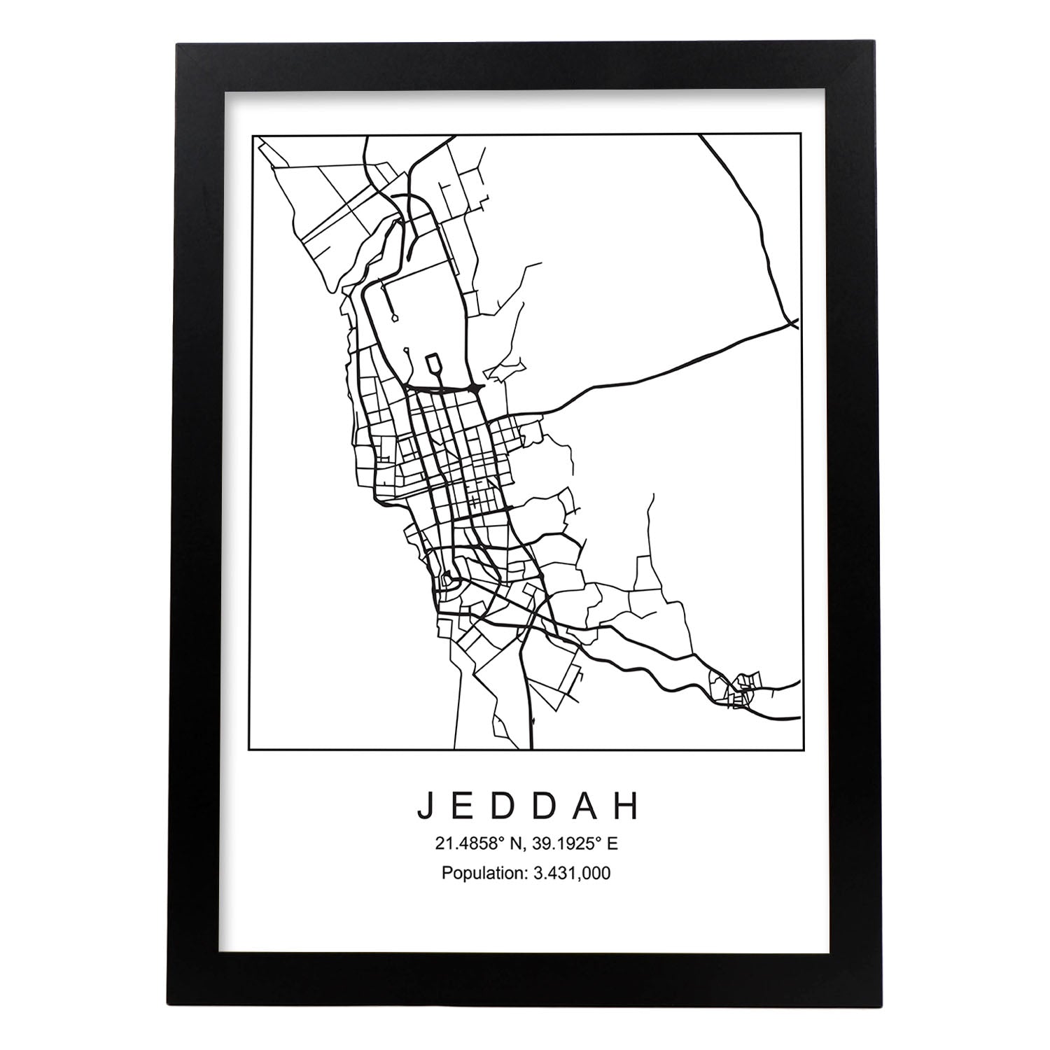 Lámina mapa de la ciudad Jeddah estilo nordico en blanco y negro.-Artwork-Nacnic-A3-Marco Negro-Nacnic Estudio SL