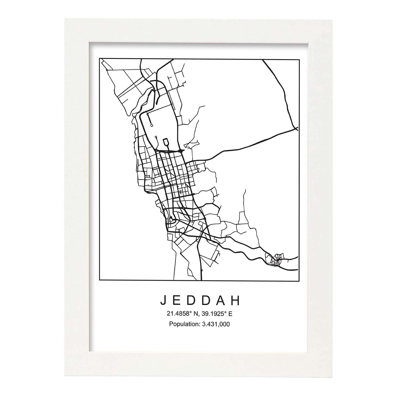 Lámina mapa de la ciudad Jeddah estilo nordico en blanco y negro.-Artwork-Nacnic-A4-Marco Blanco-Nacnic Estudio SL