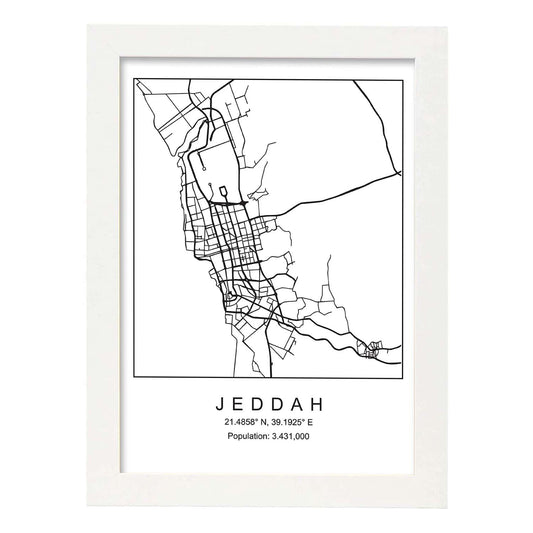 Lámina mapa de la ciudad Jeddah estilo nordico en blanco y negro.-Artwork-Nacnic-A4-Marco Blanco-Nacnic Estudio SL