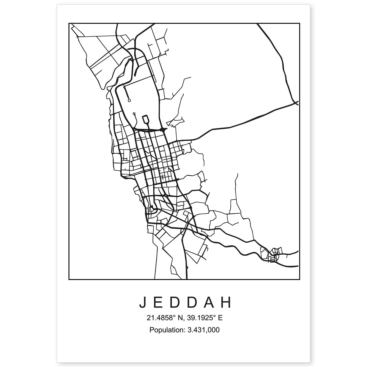Lámina mapa de la ciudad Jeddah estilo nordico en blanco y negro.-Artwork-Nacnic-A4-Sin marco-Nacnic Estudio SL