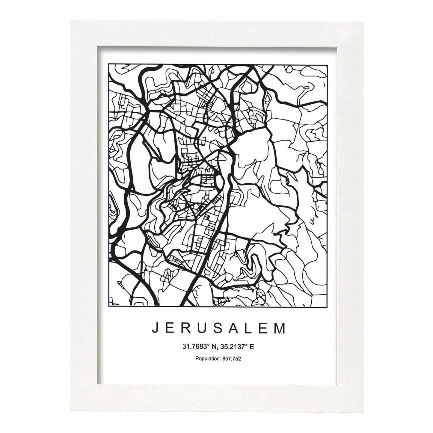 Lámina mapa de la ciudad Jerusalem estilo nordico en blanco y negro.-Artwork-Nacnic-A3-Marco Blanco-Nacnic Estudio SL