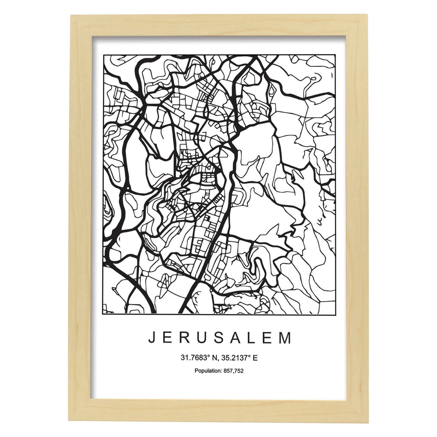 Lámina mapa de la ciudad Jerusalem estilo nordico en blanco y negro.-Artwork-Nacnic-A3-Marco Madera clara-Nacnic Estudio SL