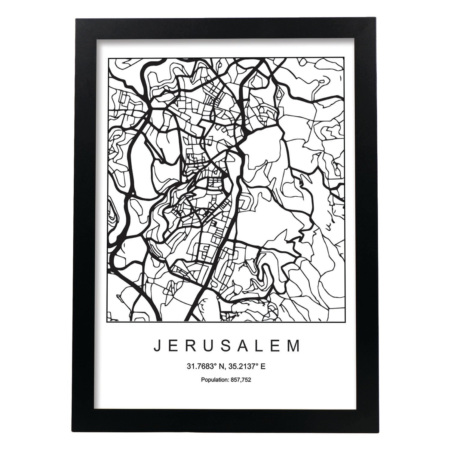 Lámina mapa de la ciudad Jerusalem estilo nordico en blanco y negro.-Artwork-Nacnic-A3-Marco Negro-Nacnic Estudio SL