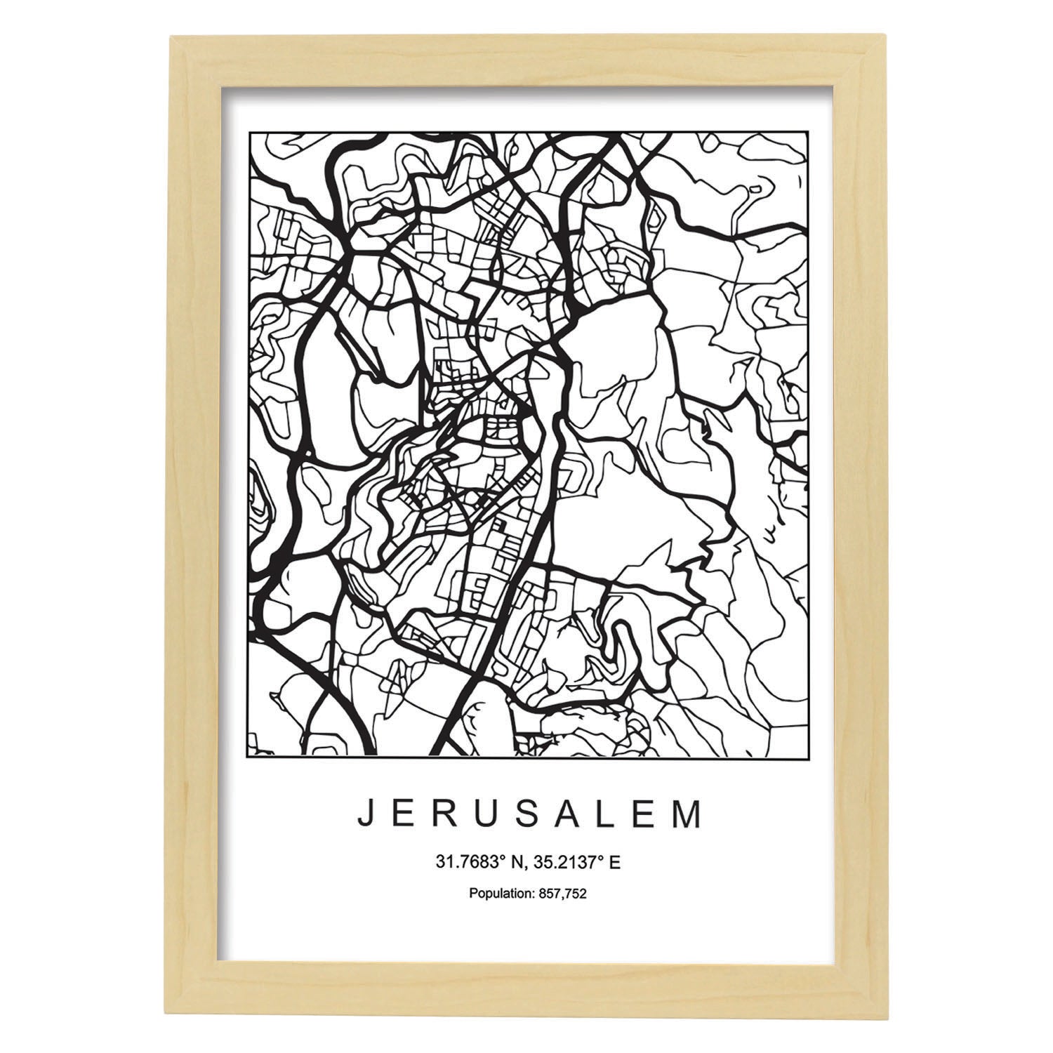 Lámina mapa de la ciudad Jerusalem estilo nordico en blanco y negro.-Artwork-Nacnic-A4-Marco Madera clara-Nacnic Estudio SL