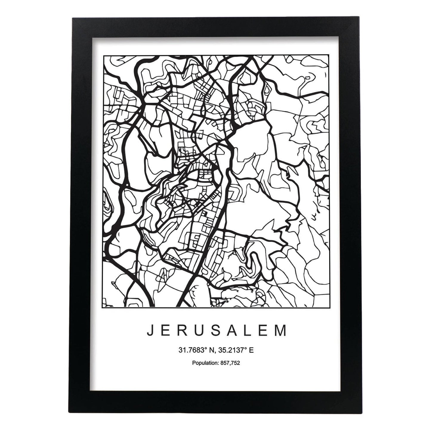 Lámina mapa de la ciudad Jerusalem estilo nordico en blanco y negro.-Artwork-Nacnic-A4-Marco Negro-Nacnic Estudio SL