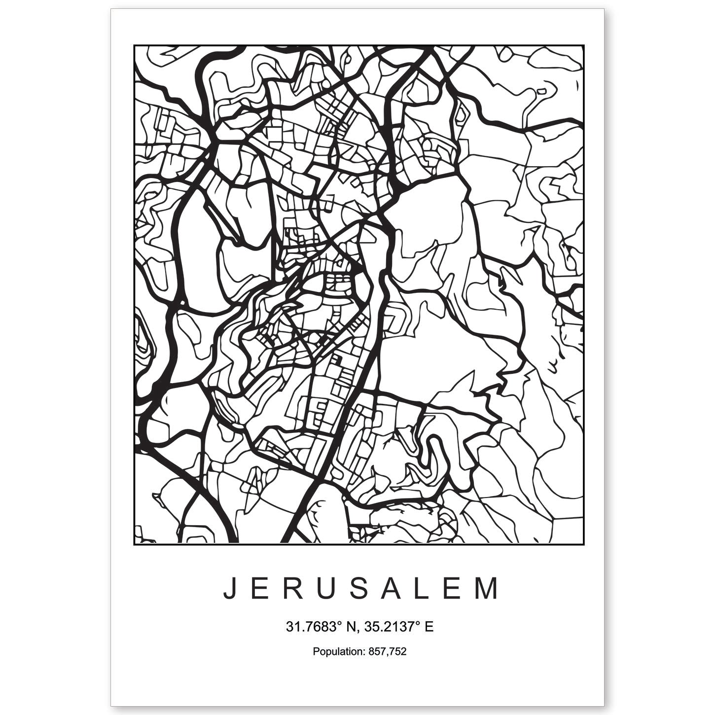 Lámina mapa de la ciudad Jerusalem estilo nordico en blanco y negro.-Artwork-Nacnic-A4-Sin marco-Nacnic Estudio SL