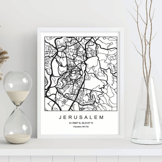 Lámina mapa de la ciudad Jerusalem estilo nordico en blanco y negro.-Artwork-Nacnic-Nacnic Estudio SL