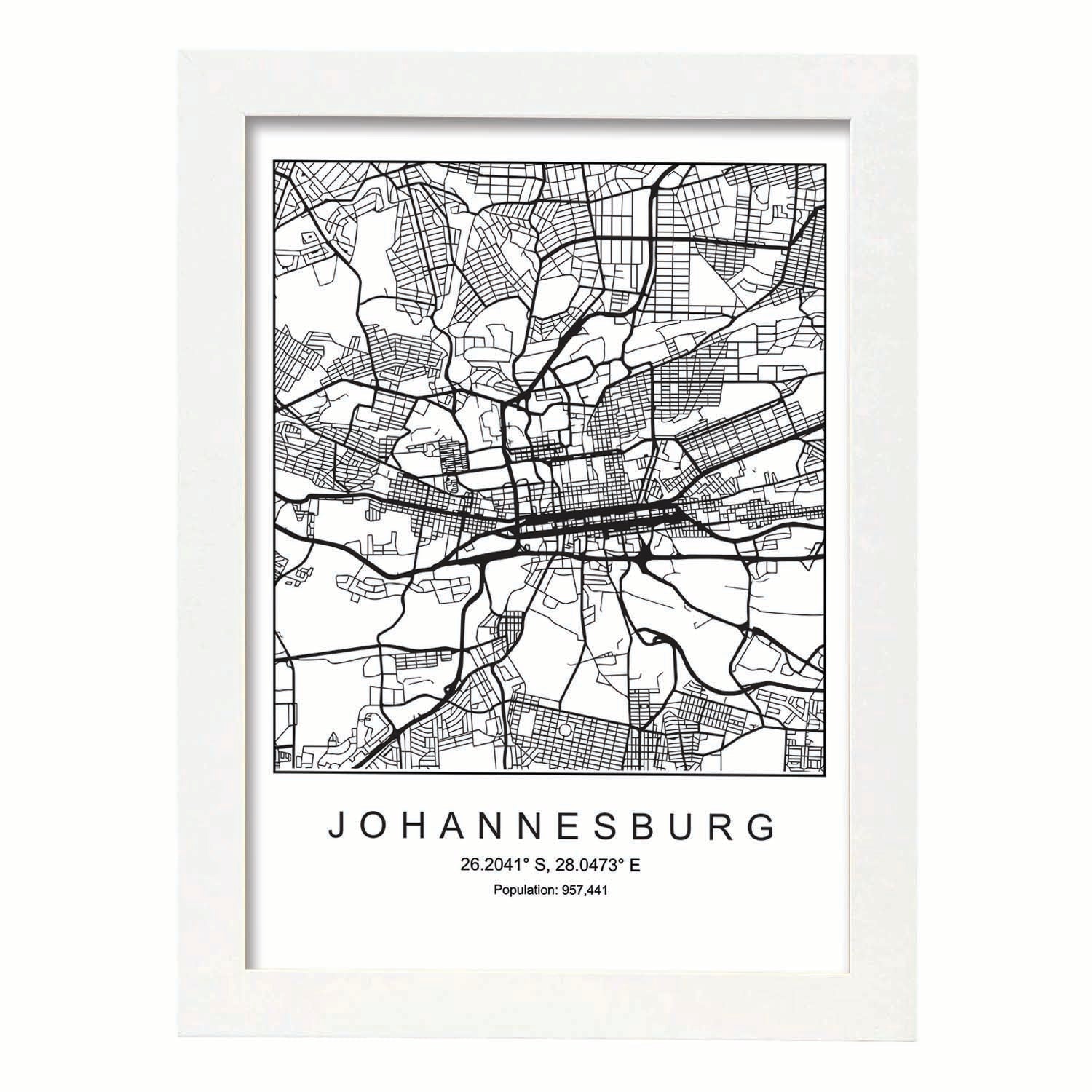 Lámina mapa de la ciudad Johannesurg estilo nordico en blanco y negro.-Artwork-Nacnic-A3-Marco Blanco-Nacnic Estudio SL