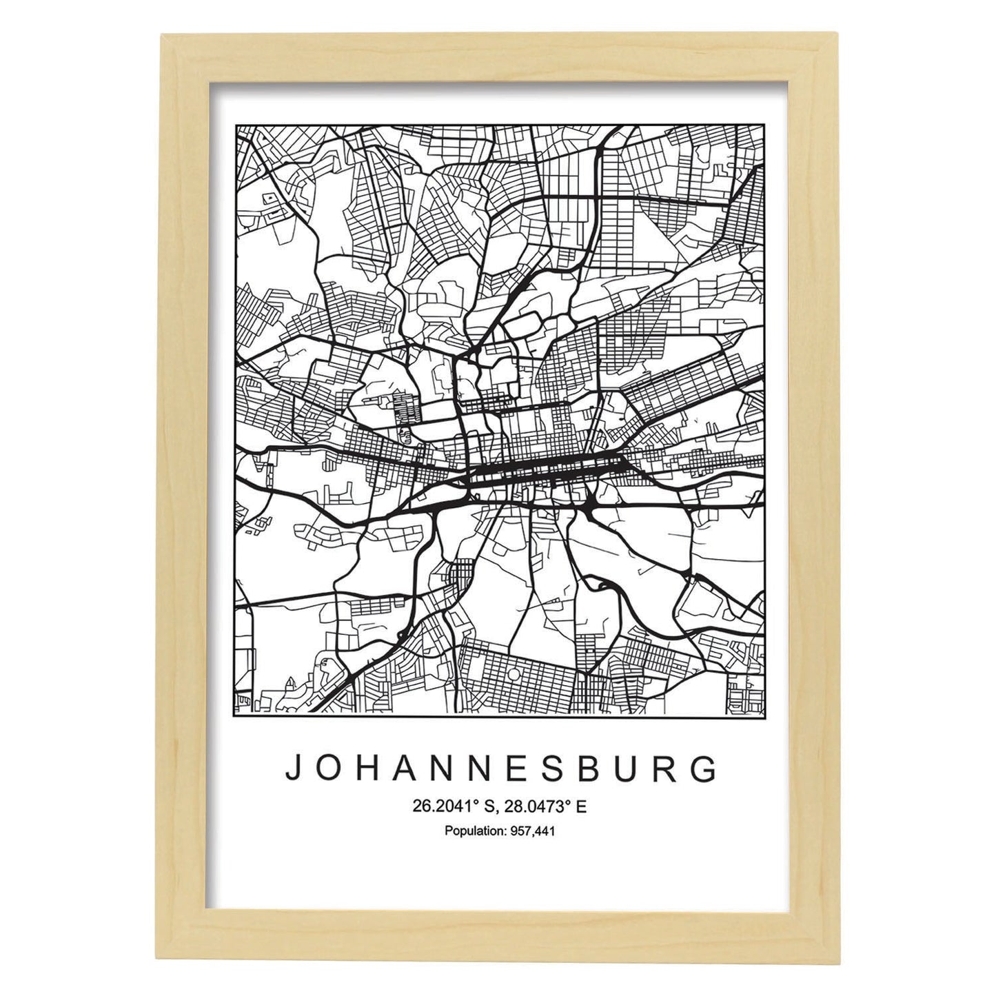 Lámina mapa de la ciudad Johannesurg estilo nordico en blanco y negro.-Artwork-Nacnic-A3-Marco Madera clara-Nacnic Estudio SL
