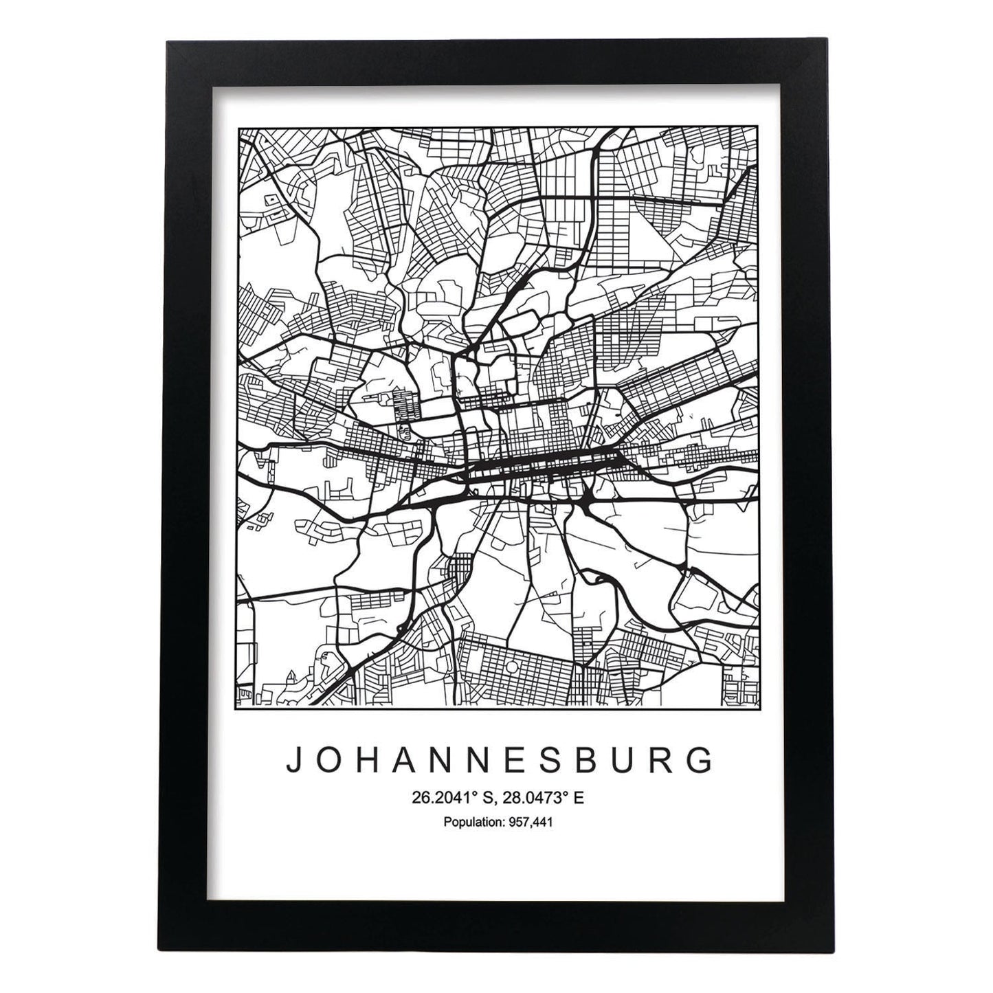 Lámina mapa de la ciudad Johannesurg estilo nordico en blanco y negro.-Artwork-Nacnic-A3-Marco Negro-Nacnic Estudio SL