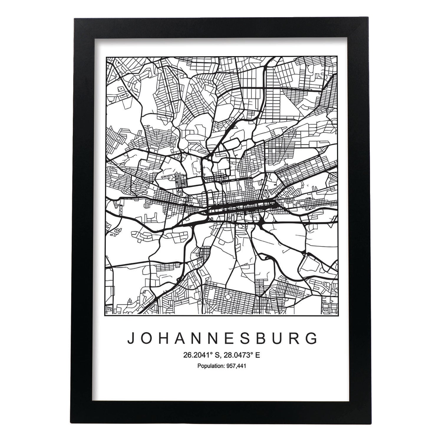 Lámina mapa de la ciudad Johannesurg estilo nordico en blanco y negro.-Artwork-Nacnic-A3-Marco Negro-Nacnic Estudio SL