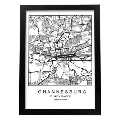 Lámina mapa de la ciudad Johannesurg estilo nordico en blanco y negro.-Artwork-Nacnic-A4-Marco Negro-Nacnic Estudio SL