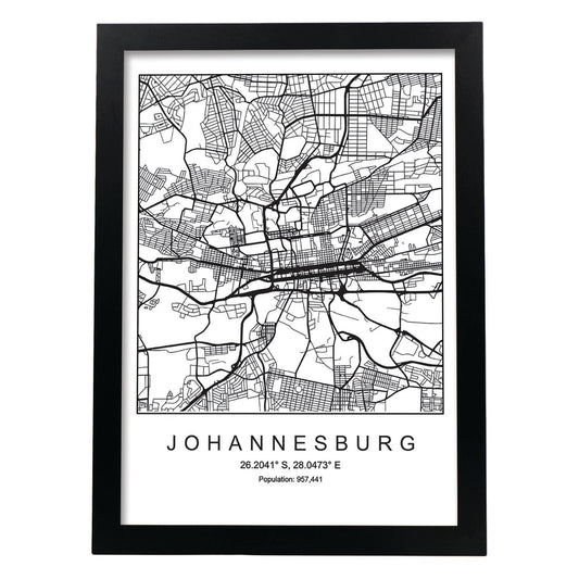 Lámina mapa de la ciudad Johannesurg estilo nordico en blanco y negro.-Artwork-Nacnic-A4-Marco Negro-Nacnic Estudio SL