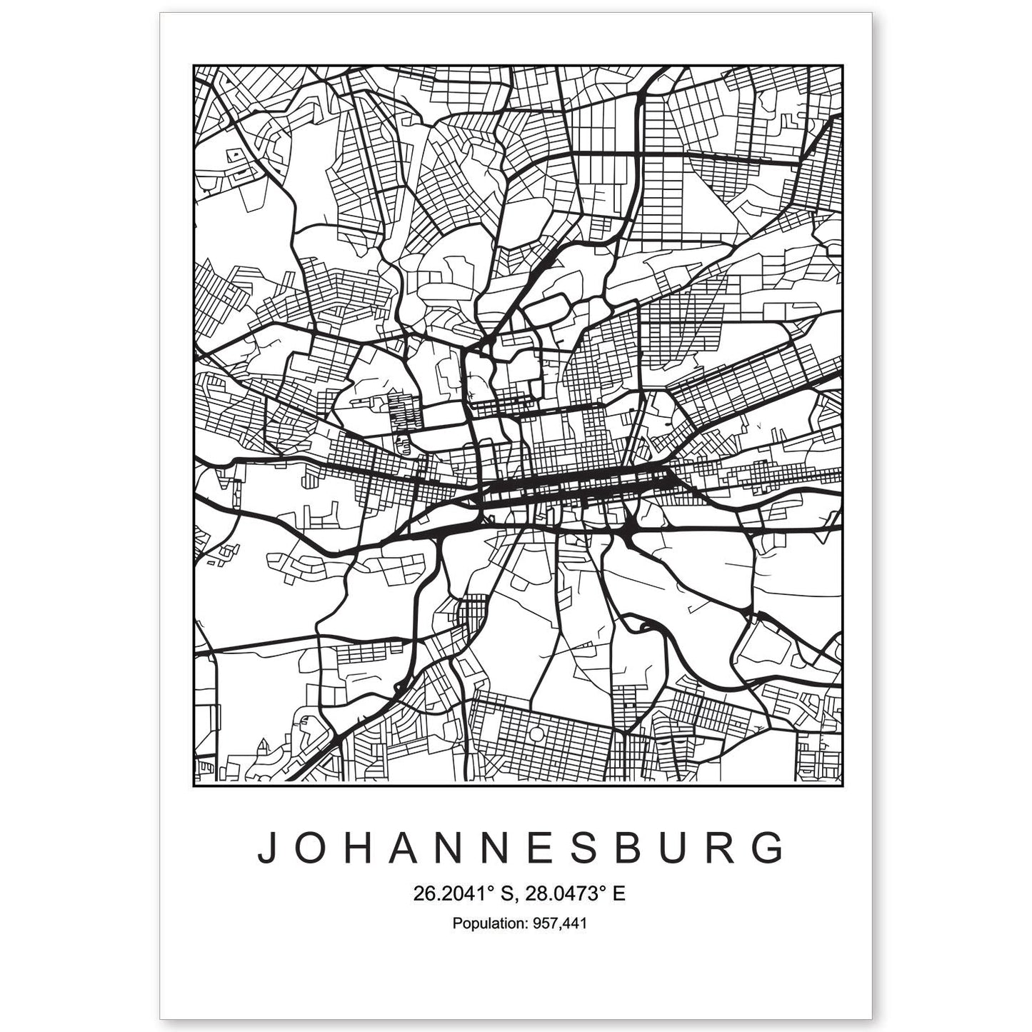 Lámina mapa de la ciudad Johannesurg estilo nordico en blanco y negro.-Artwork-Nacnic-A4-Sin marco-Nacnic Estudio SL