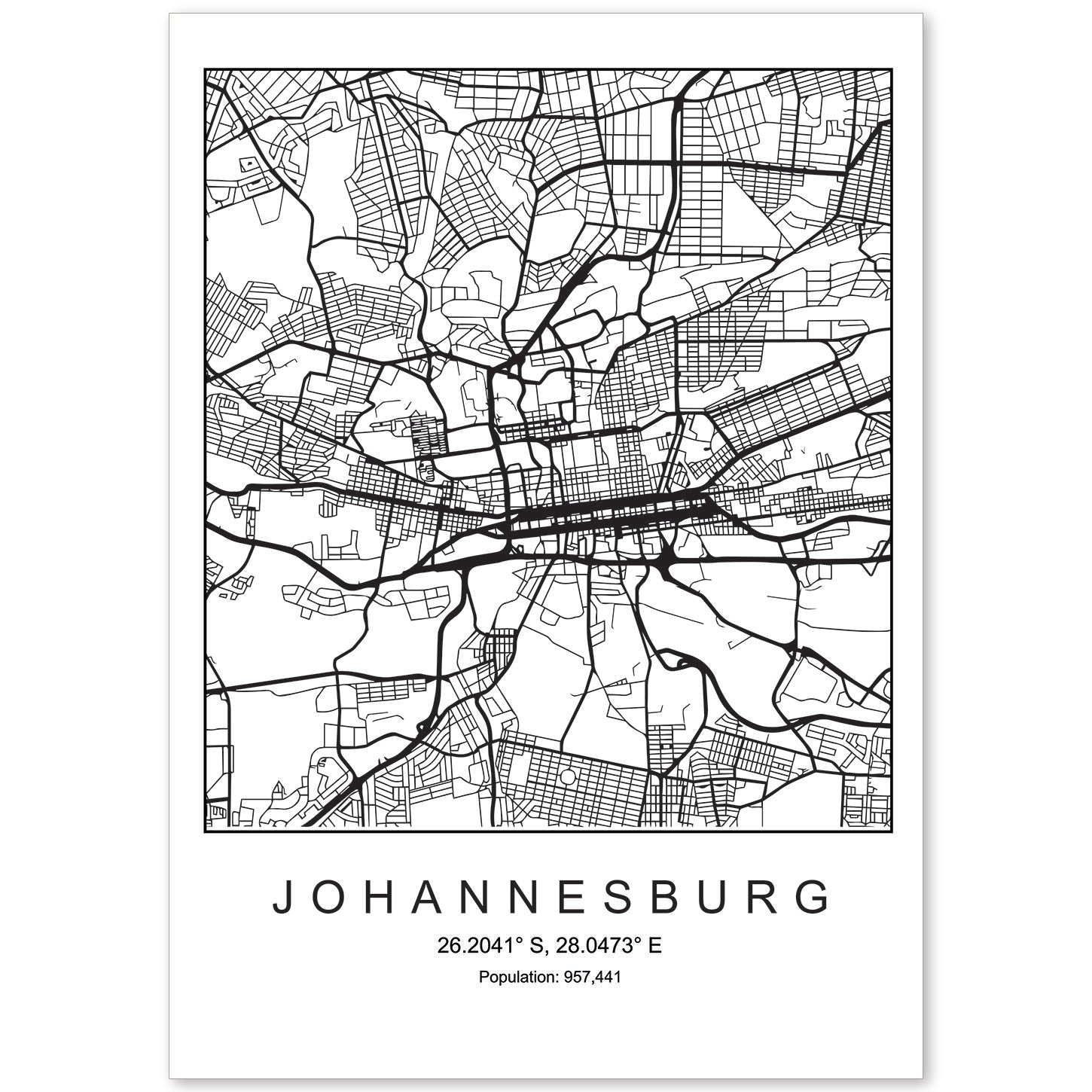 Lámina mapa de la ciudad Johannesurg estilo nordico en blanco y negro.-Artwork-Nacnic-A4-Sin marco-Nacnic Estudio SL