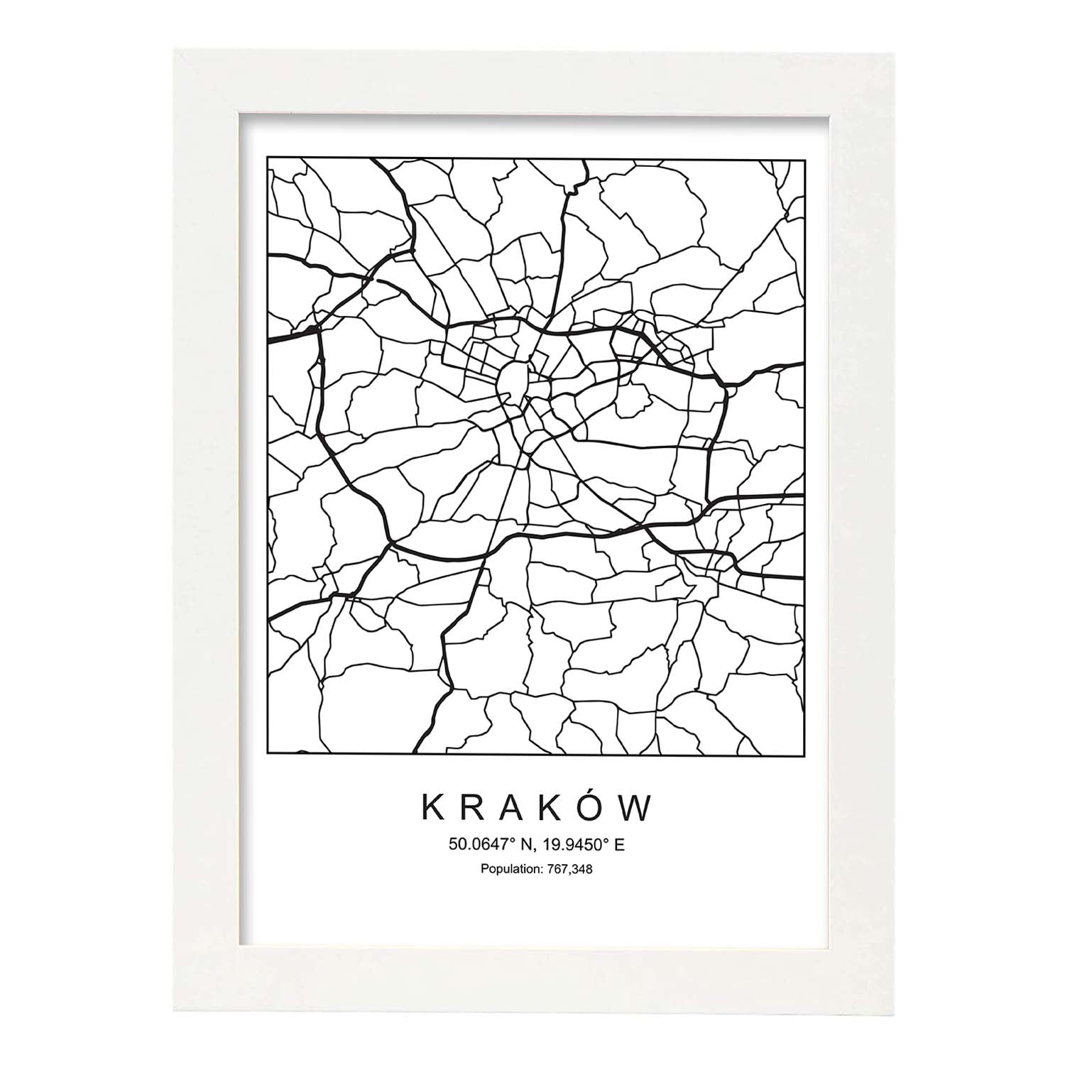 Lámina mapa de la ciudad Kaków estilo nordico en blanco y negro.-Artwork-Nacnic-A3-Marco Blanco-Nacnic Estudio SL