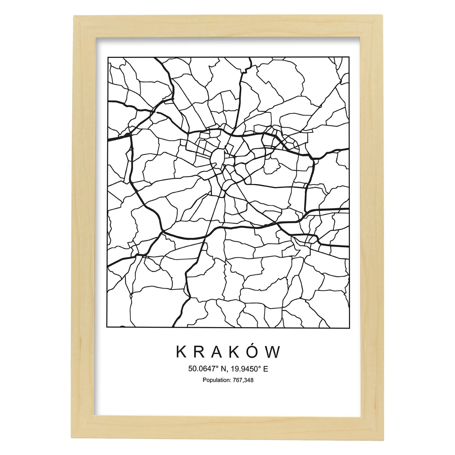 Lámina mapa de la ciudad Kaków estilo nordico en blanco y negro.-Artwork-Nacnic-A3-Marco Madera clara-Nacnic Estudio SL
