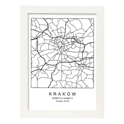 Lámina mapa de la ciudad Kaków estilo nordico en blanco y negro.-Artwork-Nacnic-A4-Marco Blanco-Nacnic Estudio SL