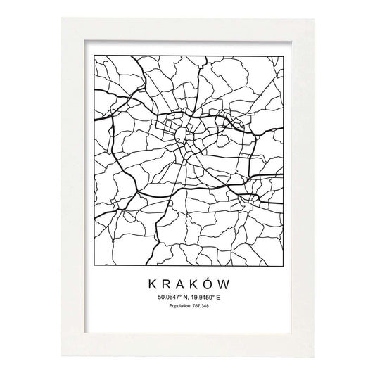 Lámina mapa de la ciudad Kaków estilo nordico en blanco y negro.-Artwork-Nacnic-A4-Marco Blanco-Nacnic Estudio SL