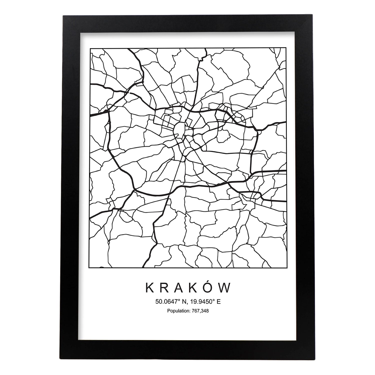 Lámina mapa de la ciudad Kaków estilo nordico en blanco y negro.-Artwork-Nacnic-A4-Marco Negro-Nacnic Estudio SL